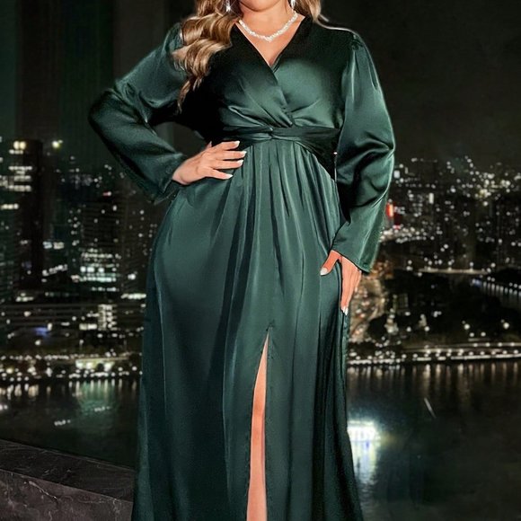Green Preppy Womens Solid Color Waist Twisted Front Slit Maxi Dress - Picture 2 of 5